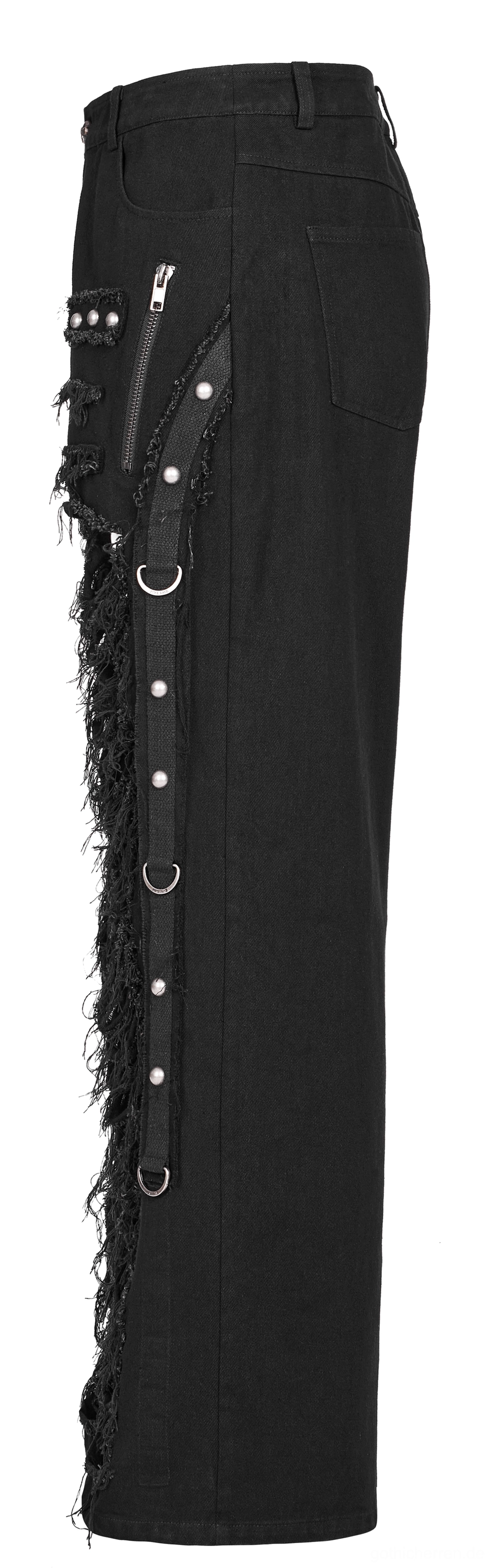 Seitenansicht flache Aufnahme Gothic Cargohose zeigt Schnür-gestuzte Seitengurte, Metallketten-Details, gefranzte Mesh-Kanten und Standard-Rückentaschen Konstruktion