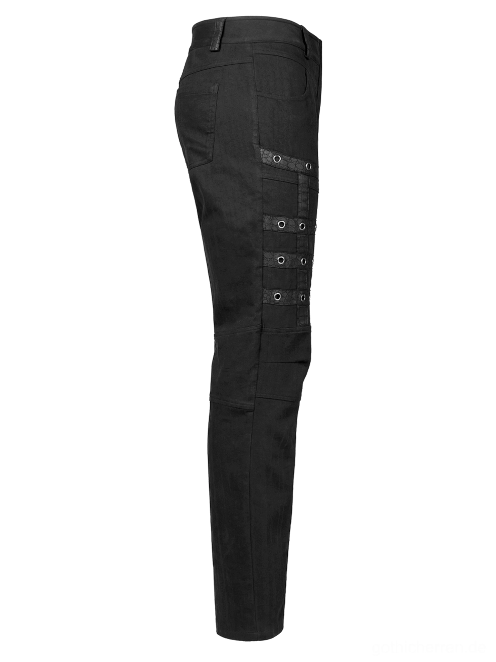 Seitenansicht Flat Lay schwarze Slim-Fit Gothic Cargohose mit horizontalen Grommet Riemen auf Oberschenkel, Industrial Design Details