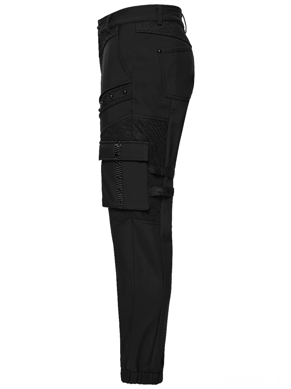 Schwarze Gothic Cargohose Seitenansicht Flachlege zeigt Cargo-Taschenkonstruktion mit Mesh-Panel, seitliche Schnallengurte, taillierter Schnitt und robuste Webstoff-Textur