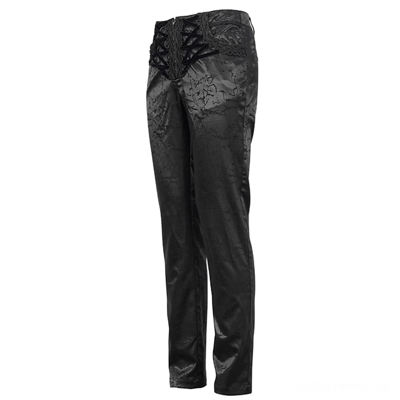 Schwarze Gothic-Cargohose Seitenansicht – gerade Beinsilhouette mit hochgeschnittener Taille und samtiger Schnürdetail-Front