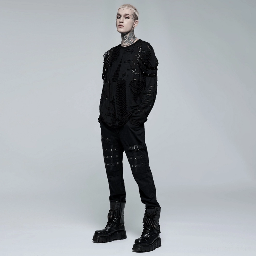 Flat Lay Vergleichsansicht Vorder- und Rückseite schwarze Gothic Cargohose mit allen Industrial Hardware und Grommet Details
