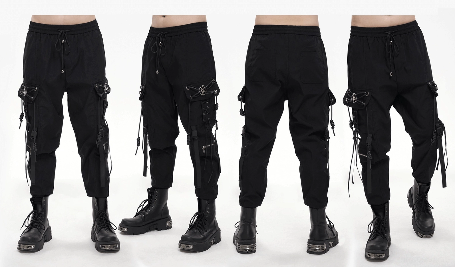 Schwarze Gothic Cargo Hose Vollansicht mit Utility-Pockets, Pentagram Details und alternativer Mode Ästhetik für Underground Fashion