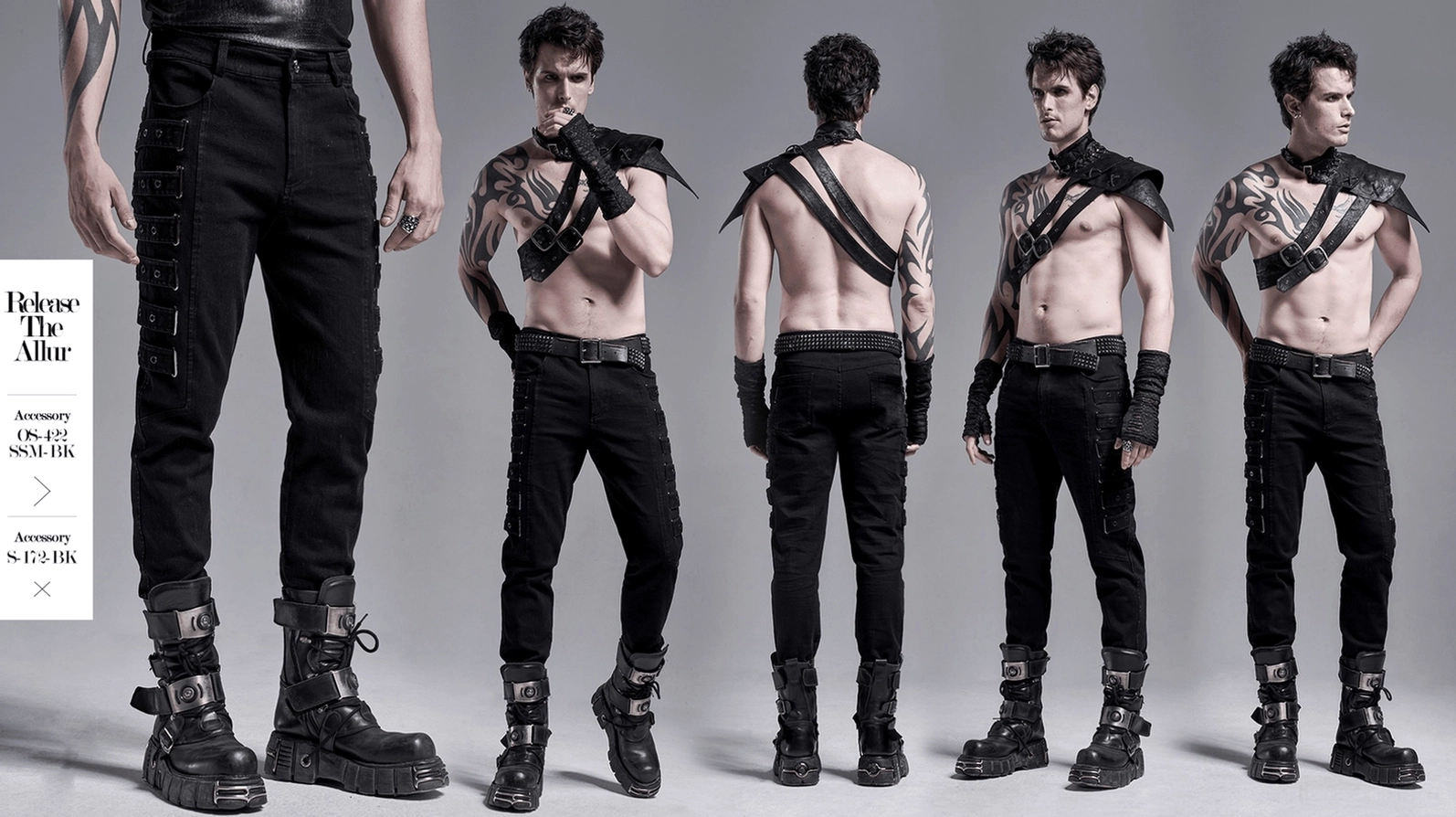 Vollständige Produktansicht schwarze Gothic Cargohose mit Seitenriemen Details, fitted Schnittführung und taillierten Proportionen