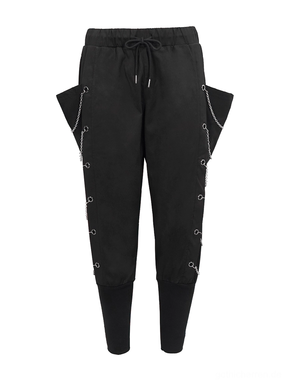 Schwarze Gothic Cargohose Vorderseite Flat Lay mit Kordelzugbund und Cargo-Taschenschnitt