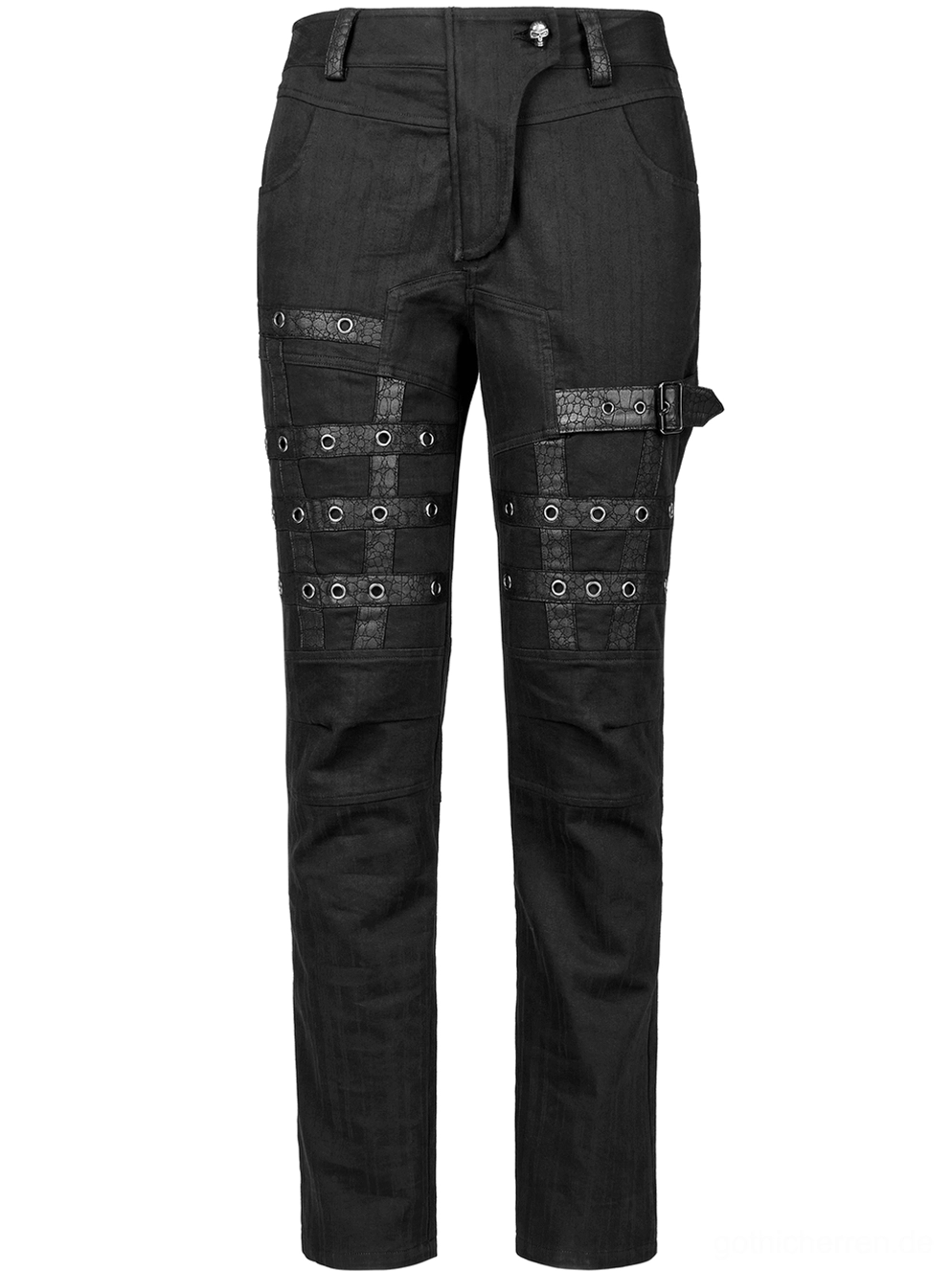 Einzelne Vorderansicht Flat Lay schwarze Cargohose mit detaillierten Grommet Seitentaschenriemen und Metal Hardware Design