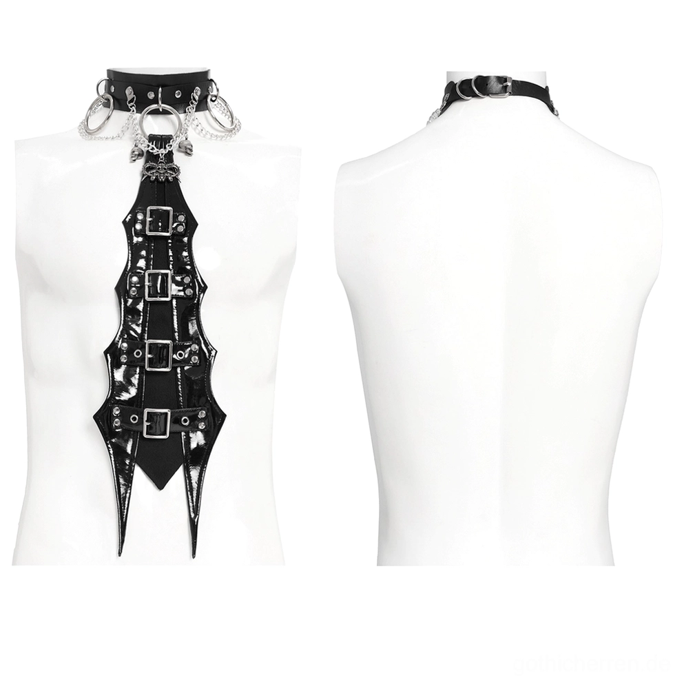 Schwarze PU-Leder-Gothic-Choker mit Fledermauspendant, Vorder- und Rückansicht auf Mannequin mit Detailblick auf Hardware