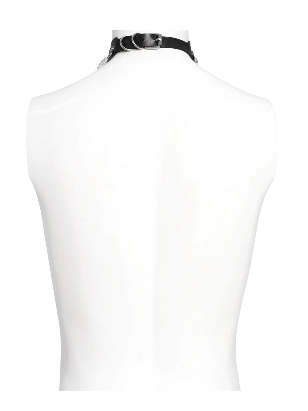 Rückansicht der schwarzen PU-Leder-Gothic-Choker auf Mannequin mit Fokus auf solide Konstruktion und silbernem Schnallenverschluss