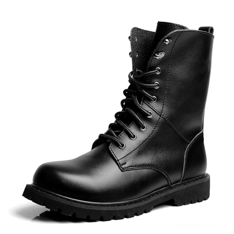Schwarze Gothic Combat Boots Seitenprofil, Mid-Calf Tactical Lederstiefel mit poliertem Split-Leder und Metallösen, linke Seitenansicht