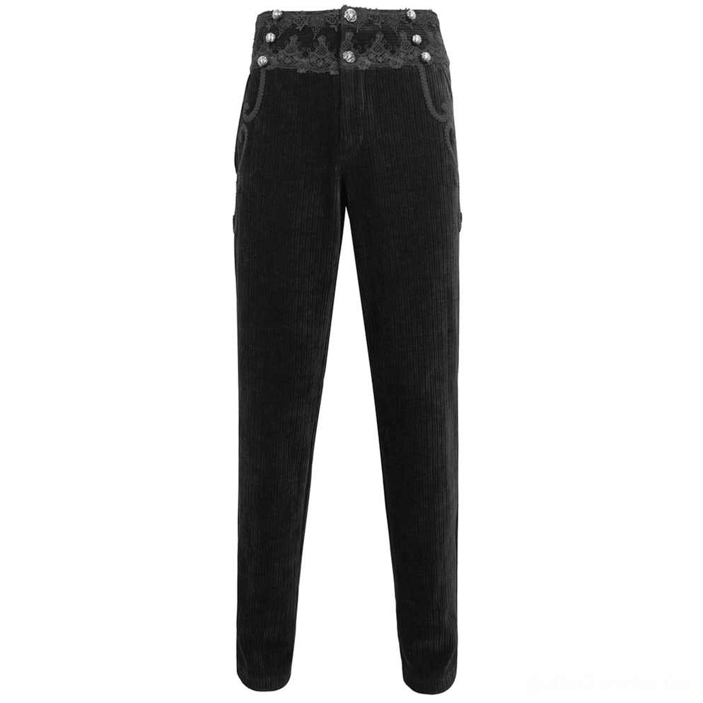 Schwarze gotische Corduroyhose Vollansicht von vorne, hochwertige Edelsteinknöpfe an der Taille, Spitzeneinfassung und tailierte Silhouette auf Model