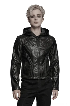 Schwarze Gothic Crop-Jacke Herren halb Körper Front-Ansicht diagonal Reißverschluss tailliiert Silhouette minimalistisch Design