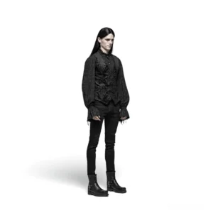 Komplettes schwarzes Gothic-Outfit mit Damast-Anzugweste, Seitenansicht, kombiniert mit schwarzen Skinny-Pants und Leder-Knöchelstiefeln