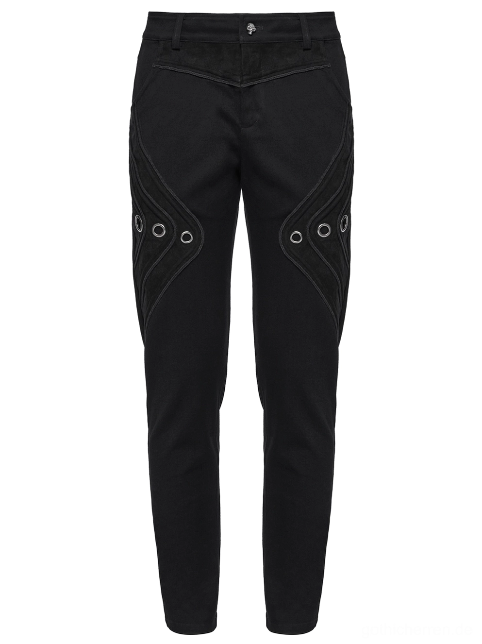 Schwarze Gothic-Denim-Hose mit gekrümmten Metall-Ösen-Paneelen in Nahaufnahme Flat-Lay auf weißem Hintergrund, zeigt dekorative Hardware-Details