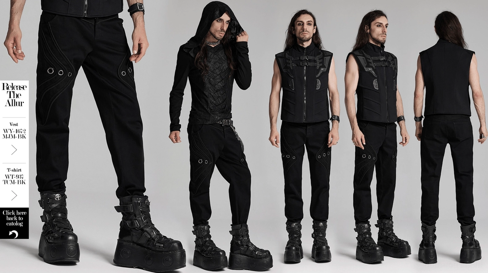 Schwarze Gothic-Denim-Hose kombiniert mit alternativer Mode-Accessoires und Statement-Schmuckstücken, zeigt komplettes Outfit-Styling für Nachtkultur-Szene
