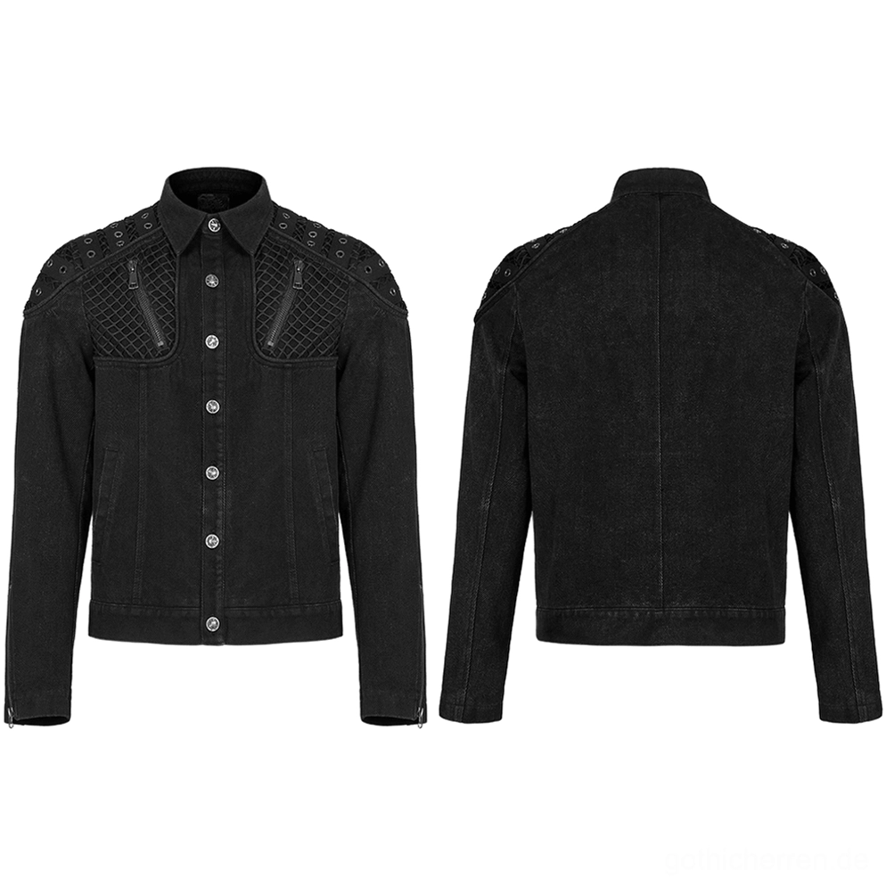 Schwarze Nieten-Denim-Jacke Flat-Lay Vorder- und Rückansicht, zeigt komplette Jackenkonstruktion mit Mesh-Elementen