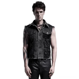 Schwarze Gothic Denim Weste mit Schulternieten auf männlichem Model in Vorderansicht - saure Wäsche finish mit Totenkopf-Patch und Mesh-Seitenpaneele