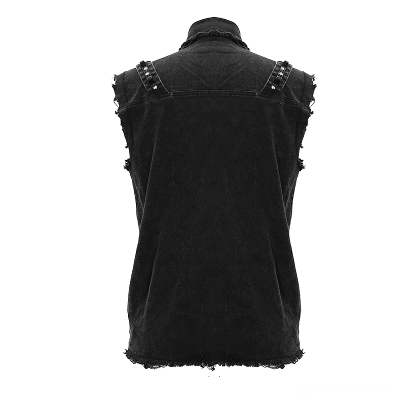 Rückseite schwarze Gothic-Denim-Weste auf Mannequin, saubere Nähte, Pyramidennieten-Schultergurte, unvollendeter Fransen-Saumsaum