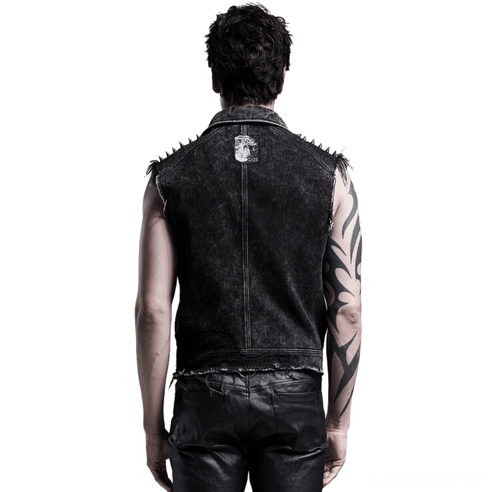 Schwarze Gothic Denim Weste Rückansicht zeigt gesticktes Totenkopf-Rückenpatch - industrielle Hardware Details und ausgefranste Säume
