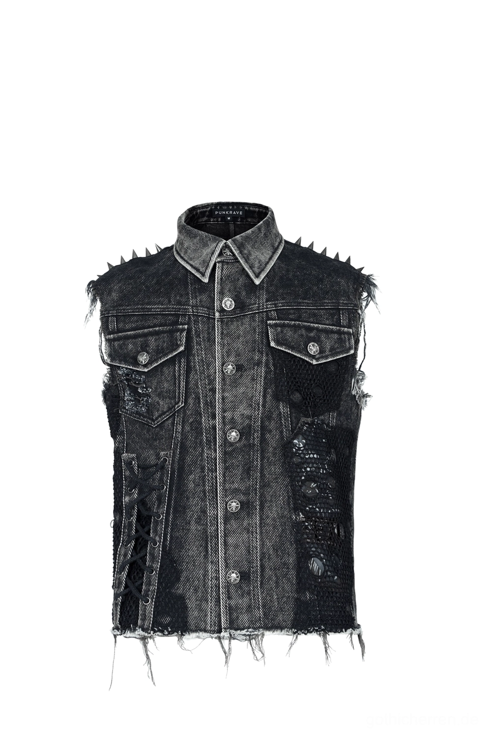 Schwarze Gothic Denim Weste Vorderansicht Flachlage - Detail der Schulternieten und Mesh-Einsatzpaneele mit Knopfleiste