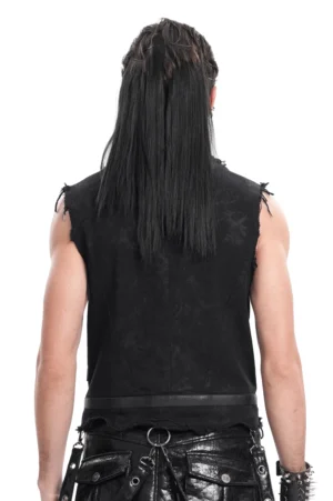 Schwarze Gothic Weste mit ausgefransten Kanten Rückansicht Detail Kunstledertrimm Taille