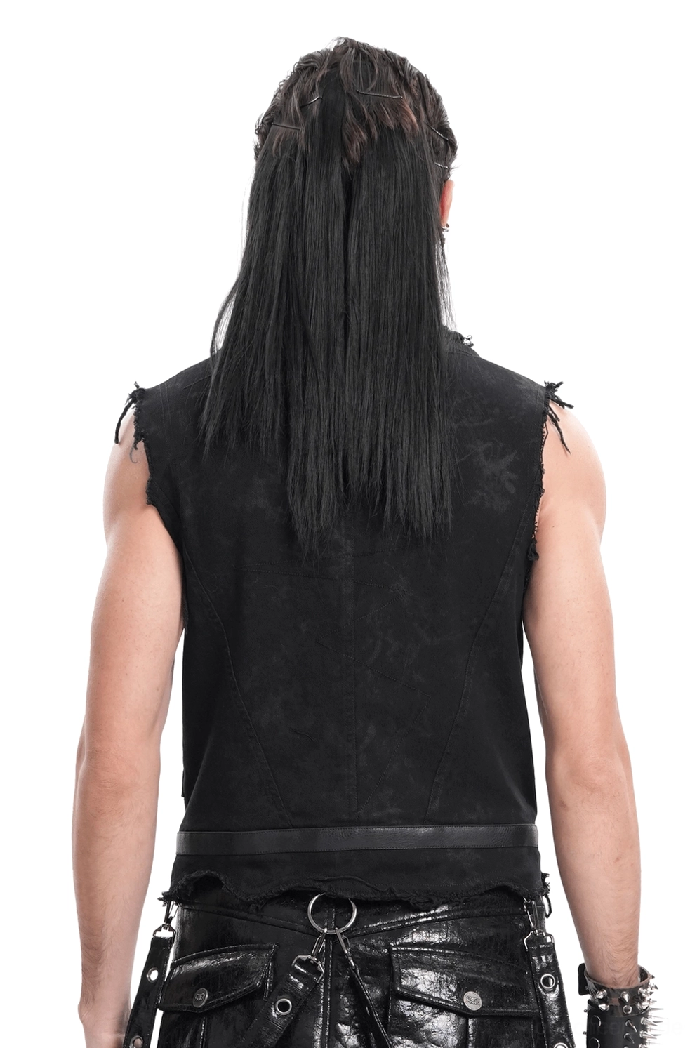 Schwarze Gothic Weste mit ausgefransten Kanten Rückansicht Detail Kunstledertrimm Taille