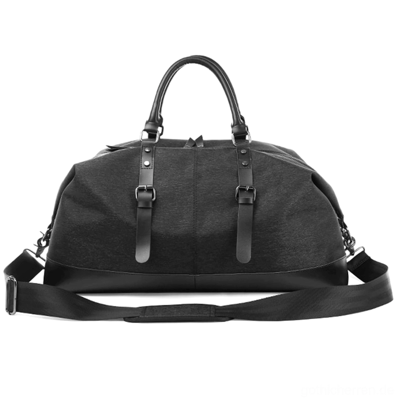 Schwarze Gothic Herren-Duffel-Tasche Vorderansicht mit abnehmbarem Schultergurt und dekorativen Schnallengurten, minimalistisches Design mit Metallzubehör