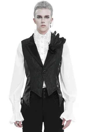 Schwarze Gothic Gehrock-Weste mit Federfibel und Jacquard-Stoff-Detail auf männlichem Modell von vorne