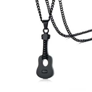 Schwarze matte gothic Gitarren-Pendant-Urnen-Halskette mit Kabel-Kettendesign und verschraubbarem Asche-Urn-Fach – Draufsicht, minimalistisches gotisches Design