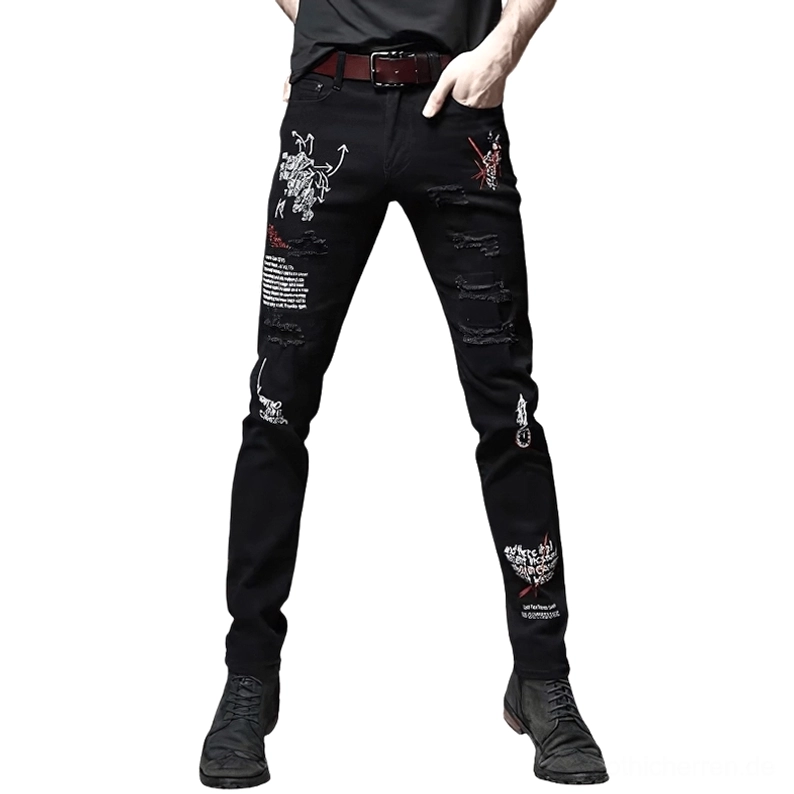 Schwarze Gothic-Graffiti-Slim-Jeans mit Buchstaben-Drucken und zerrissenen Löchern, getragen von männlichem Model in Vorderansicht, zeigt kantigen Punk-Stil mit roten und weißen Grafitti-Akzenten