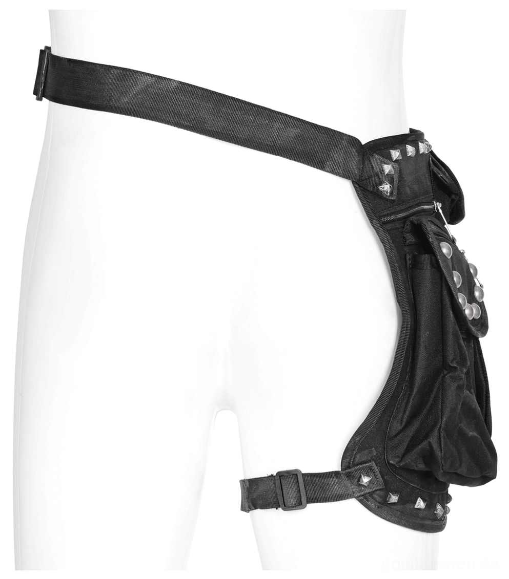 Schwarze Gothic Gürteltasche auf Mannequin Seitenprofil mit großer Seitentasche und verstellbarem Nylon-Riemen-System
