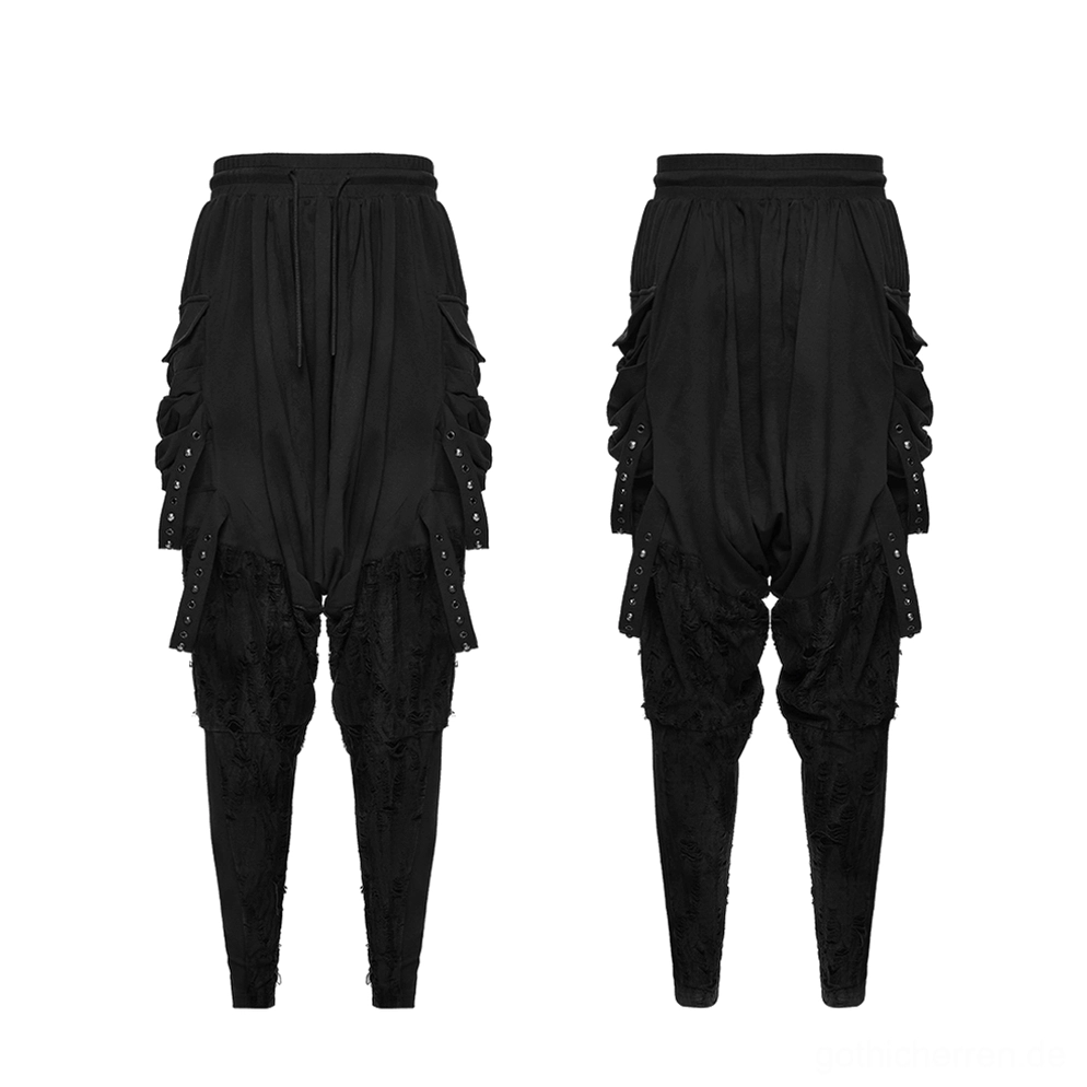 Schwarze Gothic-Haremshose mit Drop-Crotch flach nebeneinander Rückansicht, Nieten-Seitentaschen und beschädigte verjüngte Beins zeigend