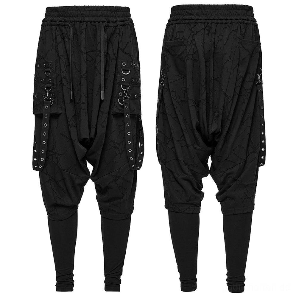 Gothic schwarze Haremshose Flachlage vorne und hinten, zeigt komplette Drop-Crotch-Konstruktion, Ösen-Taschen und verjüngter Knöchel
