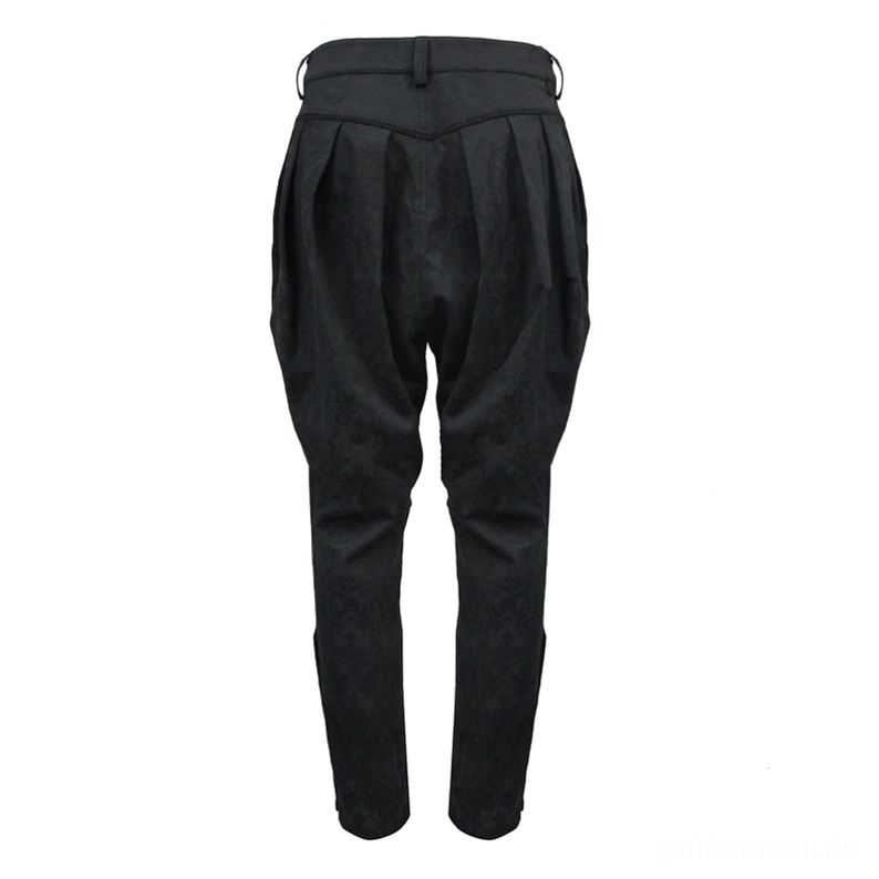 Rückansicht der schwarzen Gothic-Haremshose auf Schaufensterpuppe, präsentiert gefältete Rückseite, hohen strukturierten Bund, Gürtelschlaufen und tapered Beinform mit Jacquard-Webmuster