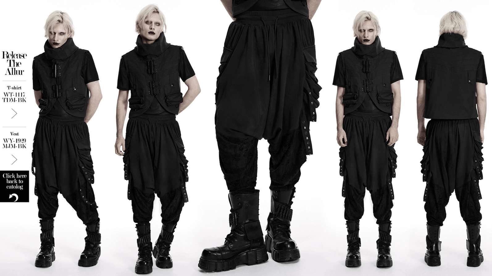 Schwarze Gothic-Haremshose mit Nieten-Seitentaschen und beschädigter Behandlung zeigt Industrial-Fashion-Ästhetik für Cyberpunk-Goths