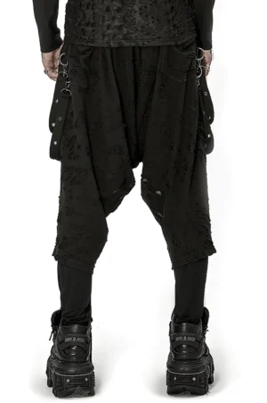 Schwarze Gothic Haremshose Rückansicht mit elastischem Taillenbund und metallischen Riemen-Details an den Taschen