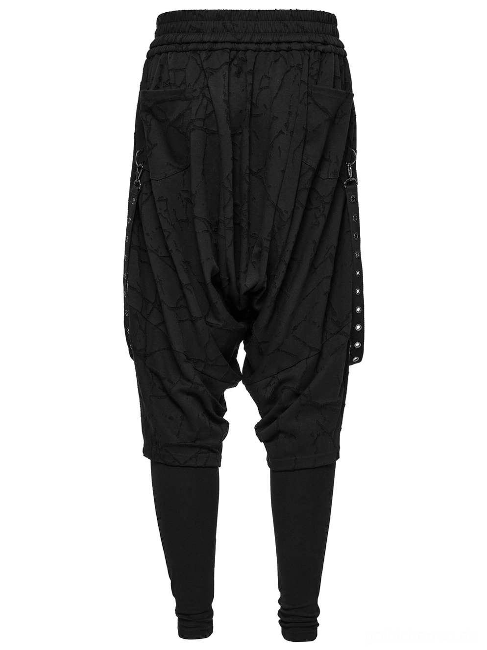 Schwarze Gothic Haremshose Rückenansicht Flachlage mit elastischem Taillenbund und subtilen Gewebedetails