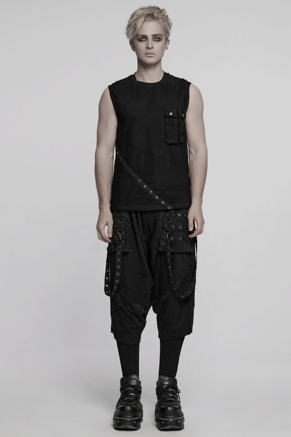 Schwarze Gothic Haremshose Waden- und Knöchel-Verengung mit Ösen-Verstärkung und Stretch-Leggings-Abschluss