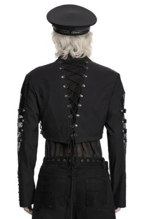 Rückseite schwarze Gothic Harness Cropped Jacke mit vollständiger Lace-Up-Mesh-Rückseite und verstellbarem Drawstring-Saum