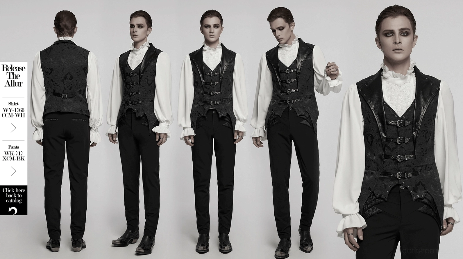 Schwarze Gothic Herren-Anzugweste Produktfoto hebt Jacquard-Stoff, Kunstleder-Details und Alternative-Fashion-Styling hervor