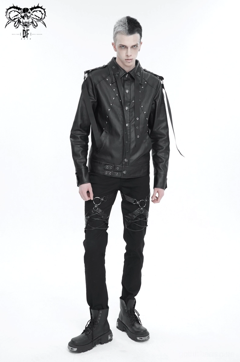 Schwarze Gothic-Herrenjacke Front-Riemen-Anordnung Webbing-Platzierung industrieller Punk-Gothic-Stil Details