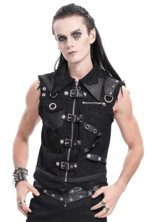 Schwarze Gothic Herrenweste mit Reißverschluss und Industrial Buckles Frontansicht auf Model mit Gothic Make-up