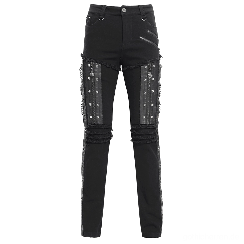 Schwarze Gothic Slim-Fit Hose komplette Frontansicht Flatlay mit Reißverschlusstaschen, Kettenakzenten und Distressed-Details