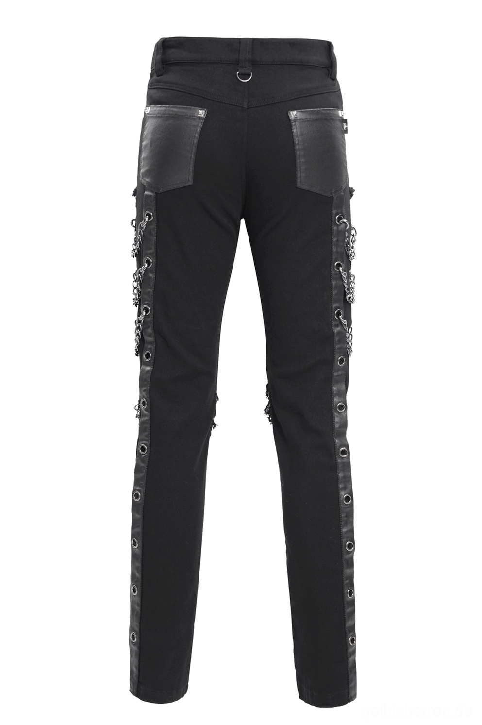 Rückseite der schwarzen Gothic-Röhrenhose Flatlay mit Leder-Patch-Taschen und Nieten-Streifen an den Beinen
