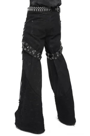 Schwarze Gothic Punk Schlaghose Hinteransicht mit Oberschenkel-Grommet-Straps und Mesh-Bündchen