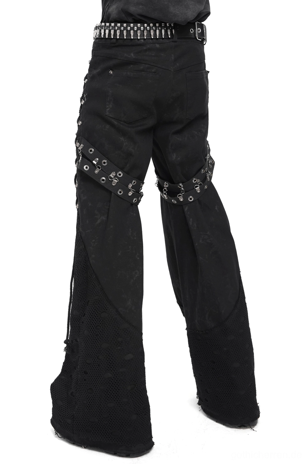 Schwarze Gothic Punk Schlaghose Hinteransicht mit Oberschenkel-Grommet-Straps und Mesh-Bündchen