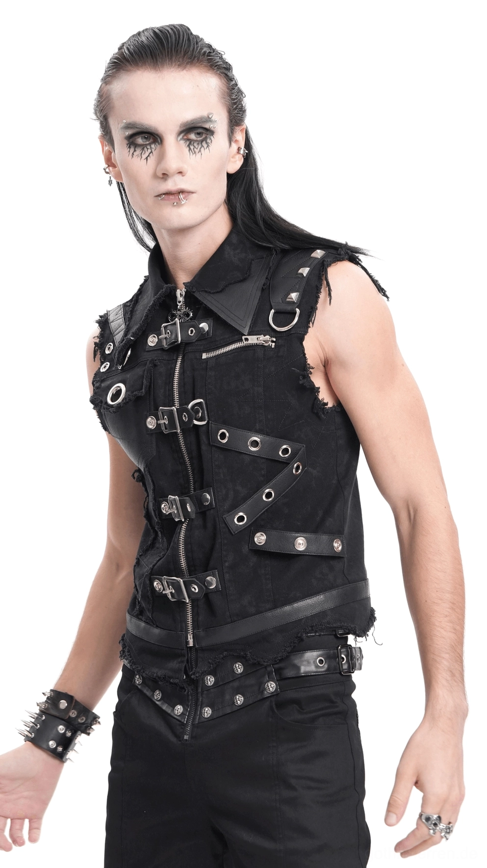 Schwarze Gothic Industrial Weste Flachlage Studioaufnahme Produktfotografie vollständige Ansicht