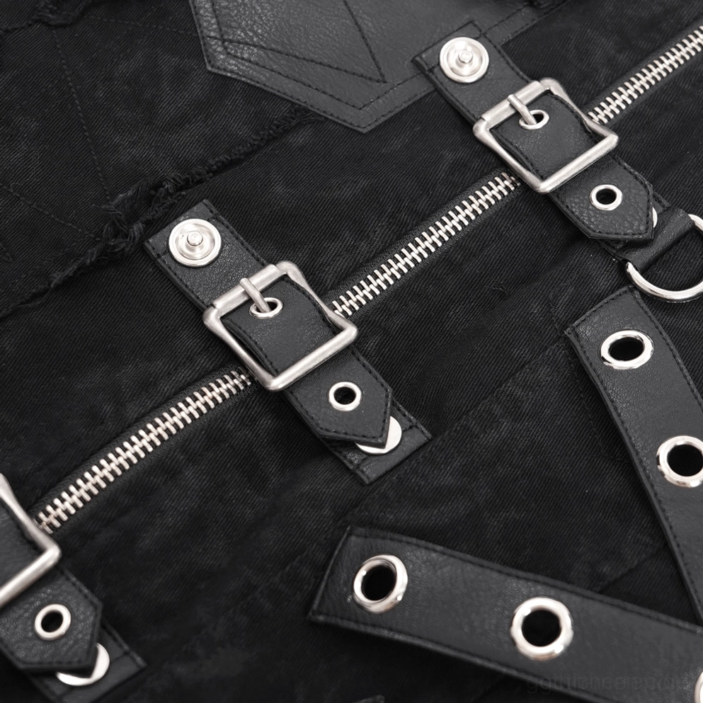Schwarze Gothic Industrial Weste Vollständige Frontansicht mit Buckle Riemen Reißverschlussmechanismus Herrenweste