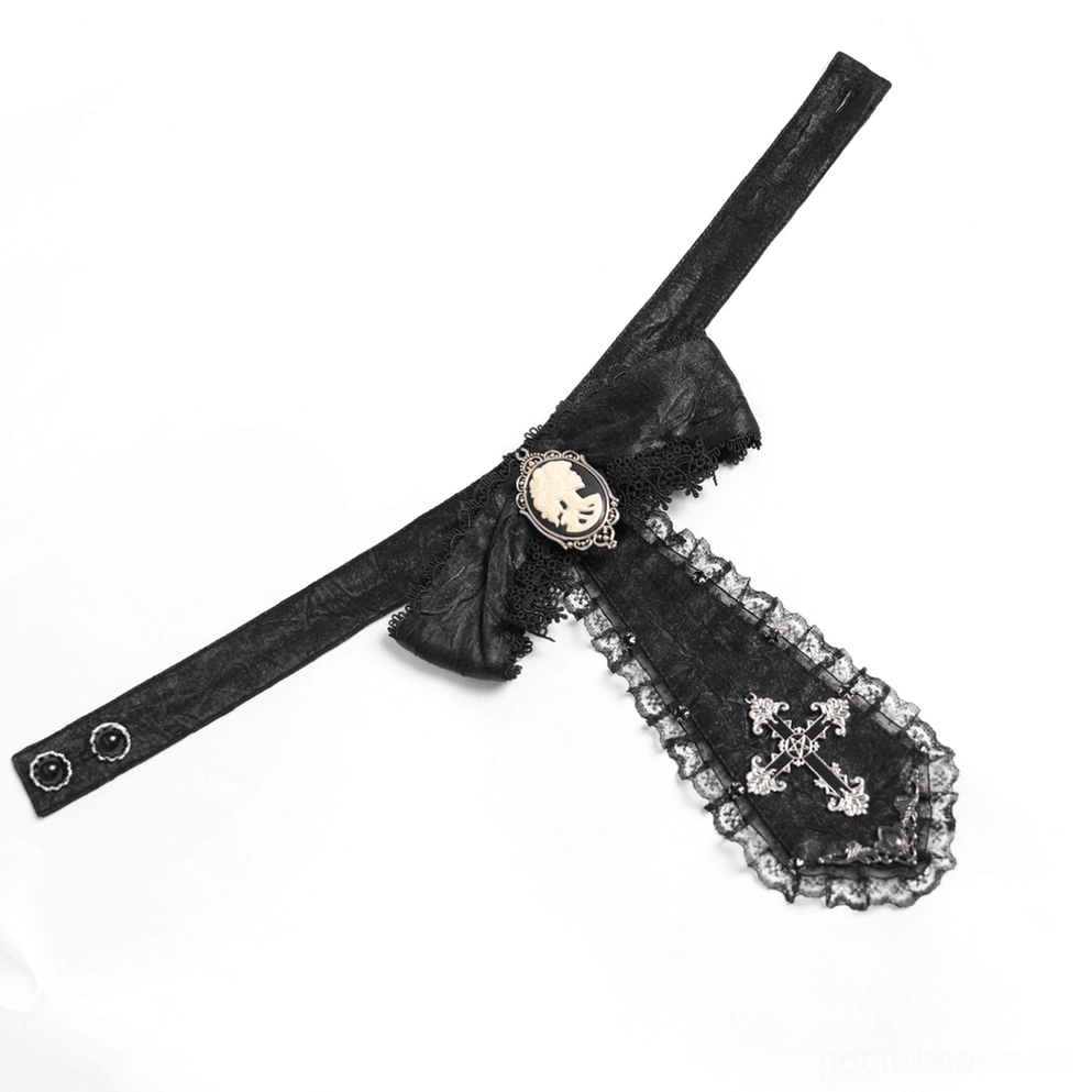 Flachlage produktfoto der schwarzen gothic jabot krawatte mit verstellbarem halsnband, spitzenakzenten, kamee- und kreuzverzierungen