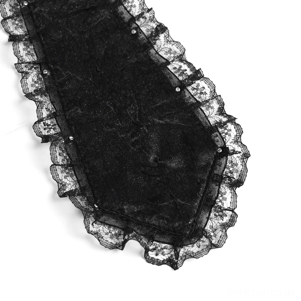Schwarze gothic jabot krawatte gesamtansicht mit mehrschichtigem schleifenrahmen, ornamentalem kreuzamulett und tropfenförmigen akzentelementen