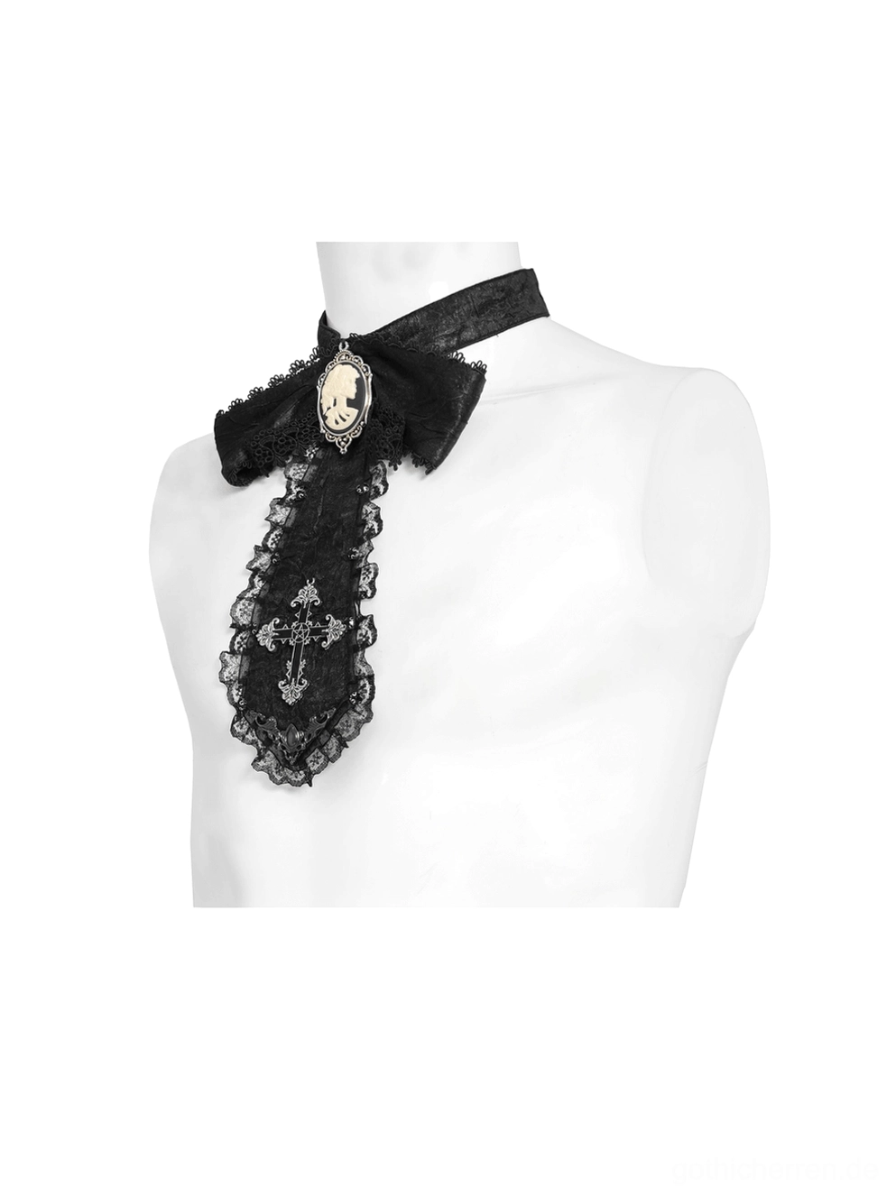 Halbe manequin anzeige der schwarzen gothic jabot krawatte mit rüschiger spitzeneinfassung, kamee-charm und kreuzdetail design