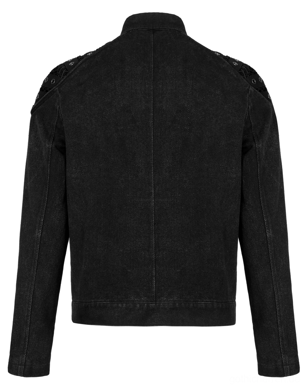 Schwarze Denim-Jacke Rück-Flat-Lay mit zentraler Rückennaht-Konstruktion und sauberer Denim-Oberfläche